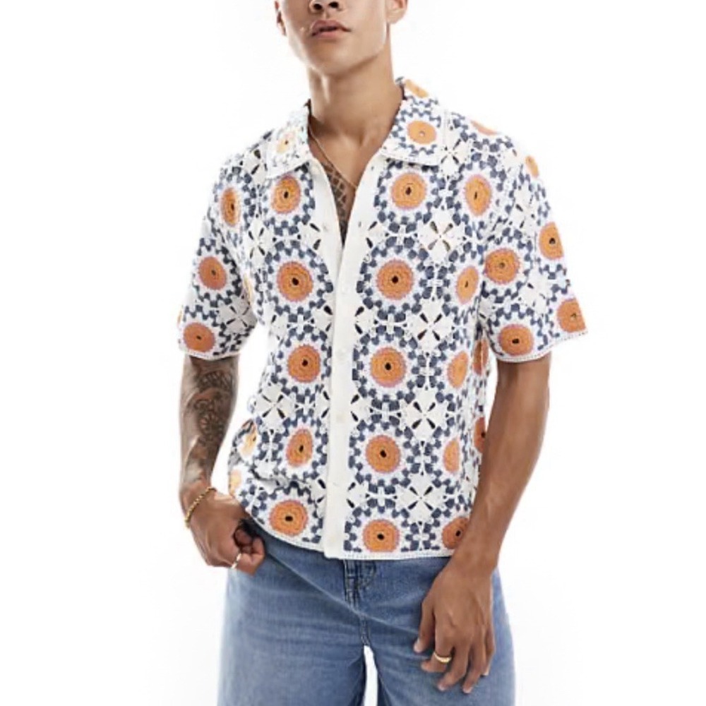 Abercrombie Crochet Polo Shirt Mens L Orange Blue Knit Summer Retro Boho Camp